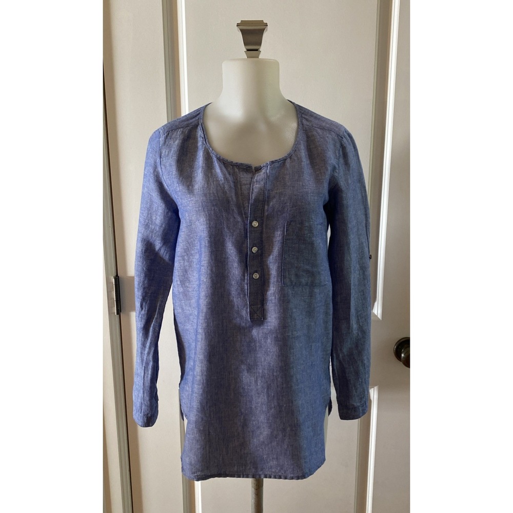 Max Studio Blue Long Sleeve Henley Linen Blend Popover Size Small Rolled Sleeve - Picture 2 of 11